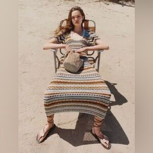 ZARA 70 Style Crochet Knit Scallop Puffy sleeves Striped Knit Maxi Dress size L